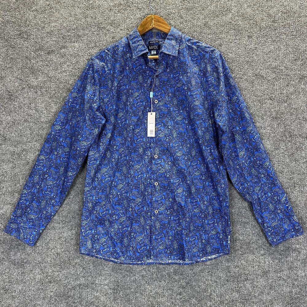 MADE Cam Newton Shirt‎ Mens Medium Blue Paisley Long Sleeve Button Up Cotton